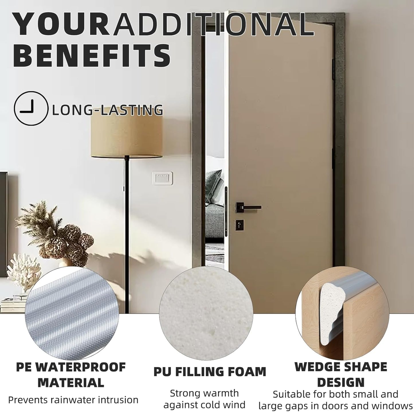 118 Inch Wedge-Shape Weather Stripping Door Seal,Windows and Doors Insulation,Self Adhesive Insulation Foam Anti-Collision Strip,Weatherstrip Tape for Door Soundproofing,Noise Drafts Blocker,White