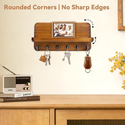 Key Holder for Wall, Mail Organizer Wall Mount with 6 Hooks Wooden Hanging Key Rack for Home Decor, Hallway, Entryway (Brown)