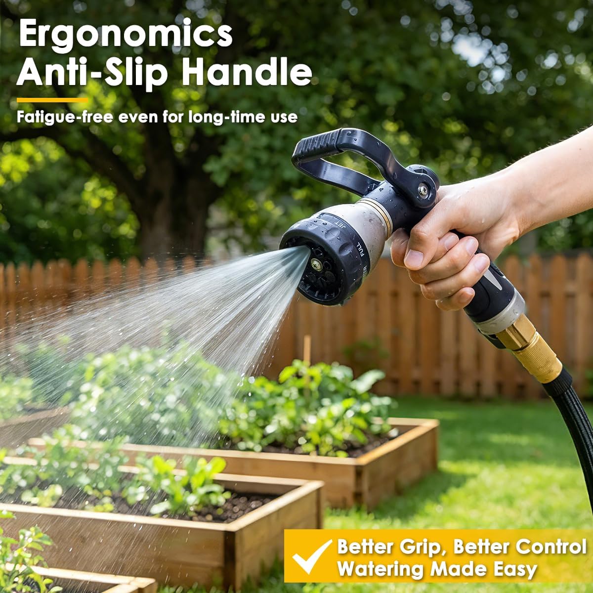 FANHAO Heavy Duty Fireman's Hose Nozzle, Metal Water Nozzle with 8 Spray Patterns, High Pressure Garden Hose Sprayer with Lever Control and Non-Slip Grip to Water Plants & Lawns, Wash Cars & Clean