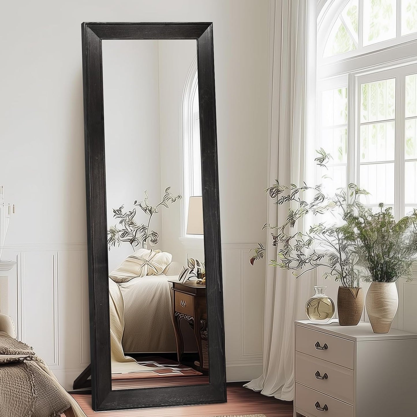 Solid Wood Full Length Mirror - 65"x22" Arched Floor Mirror, Free Standing & Wall Mounted - Elegant Design for Bedroom, Dressing Room, Hallway, Brown