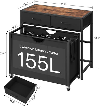 Laundry Sorter 3 Section, 120 L Laundry Hamper with 2 Drawers & 2-tone Top Panel, Rolling Laundry Basket Organizer with Pull-Out Removable Oxford Fabric Bags for Laundry Room Organization UNZYL006BVV3