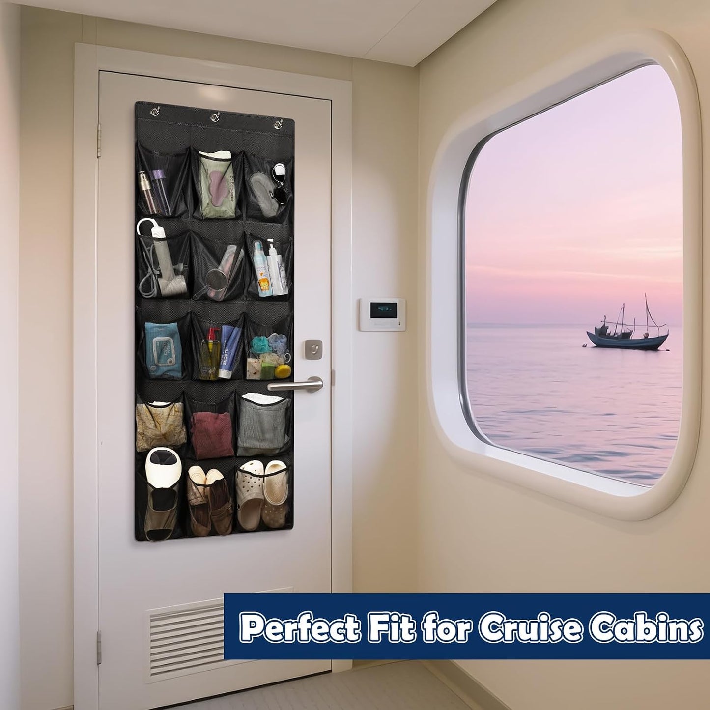 Over The Door Cruise Ship Organizer - Cruise Ship Magnetic Door Organizer with 15 Size-Graded Pockets, Hanging Magnetic Cruise Storage Shoe Rack for Cabin, 2026 Cruise Essential, 9 Hooks(White)