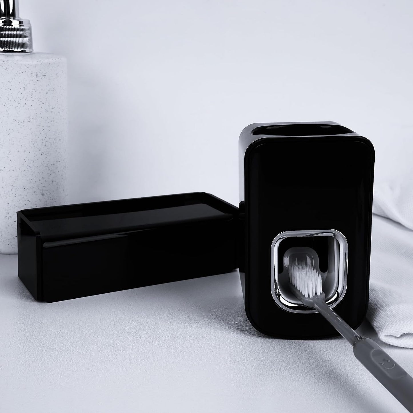 5 Slots Wall Mount Toothbrush Holder with Cover, Self Adhesive Toothbrush Storage Organizer for Shower, Toothbrush Hanger with Automatic Toothpaste Squeezer Dispenser