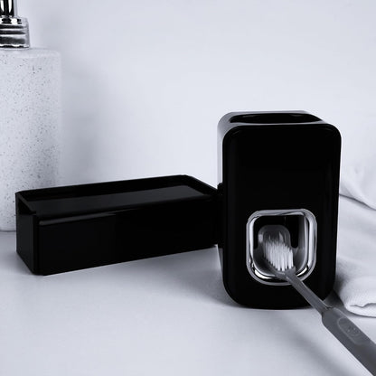 5 Slots Wall Mount Toothbrush Holder with Cover, Self Adhesive Toothbrush Storage Organizer for Shower, Toothbrush Hanger with Automatic Toothpaste Squeezer Dispenser