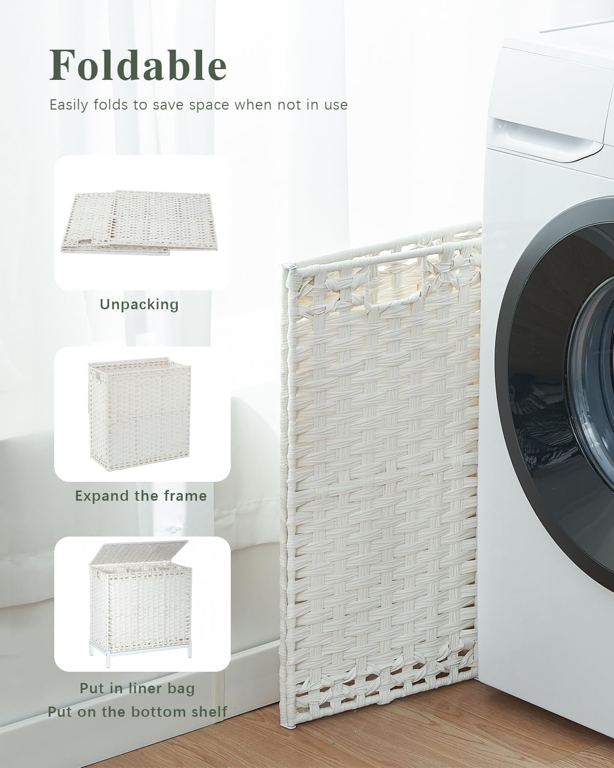 SETVSON Laundry Hamper with Lid 132 L, (35 Gallons) Clothes Hamper with Lid, Handwoven Rattan Laundry Hamper with Metal Heightened Feet, Laundry Hampers with 3 Removable Liner Bags for Laundry-Natural