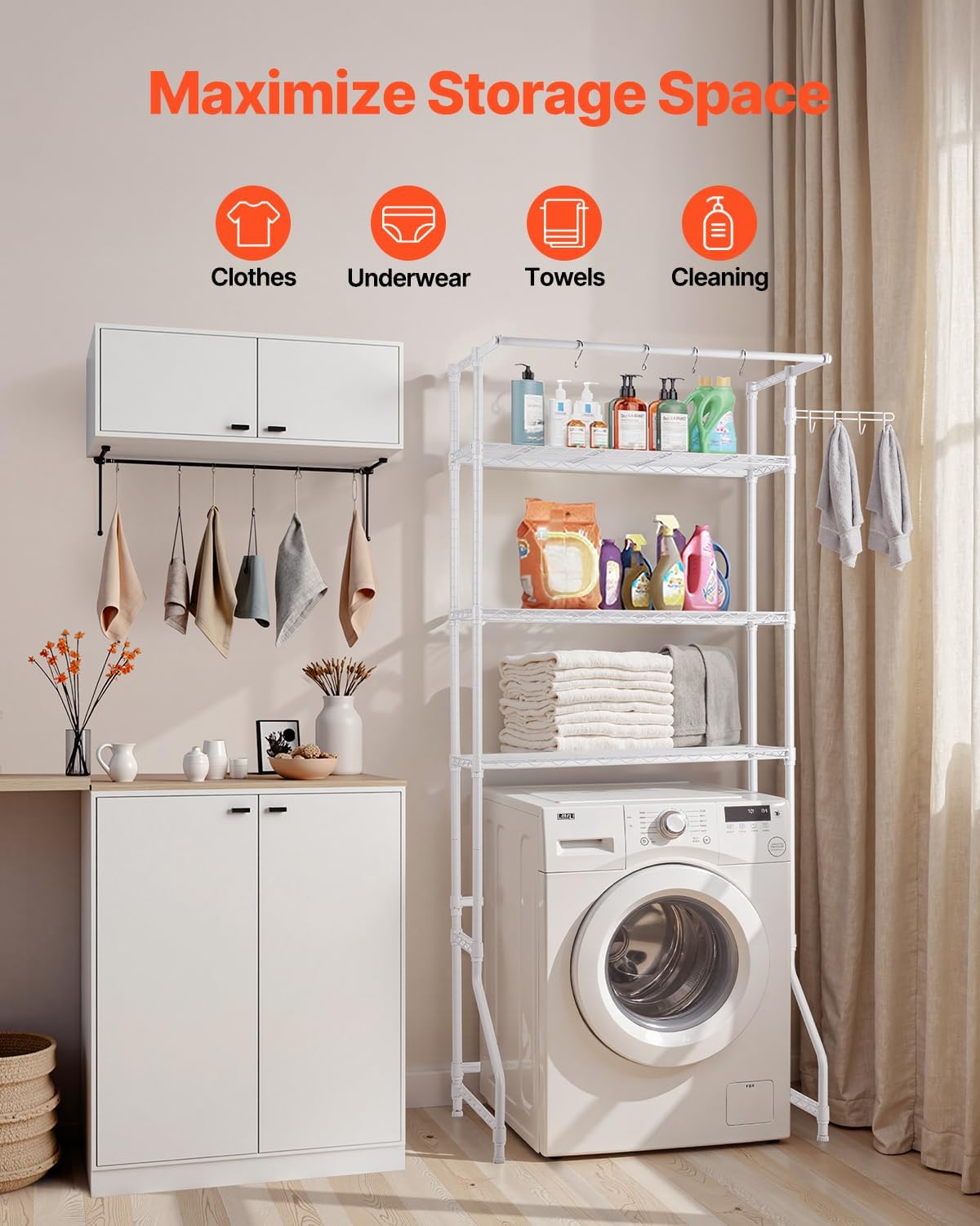 VEVOR Over The Washer and Dryer Storage Shelf, 3 Tier Laundry Room Drying Rack with Hanger Rod and Hooks, Adjustable Over Washer and Dryer Shelves, Laundry Room Shelf Storage Space Saver, Black