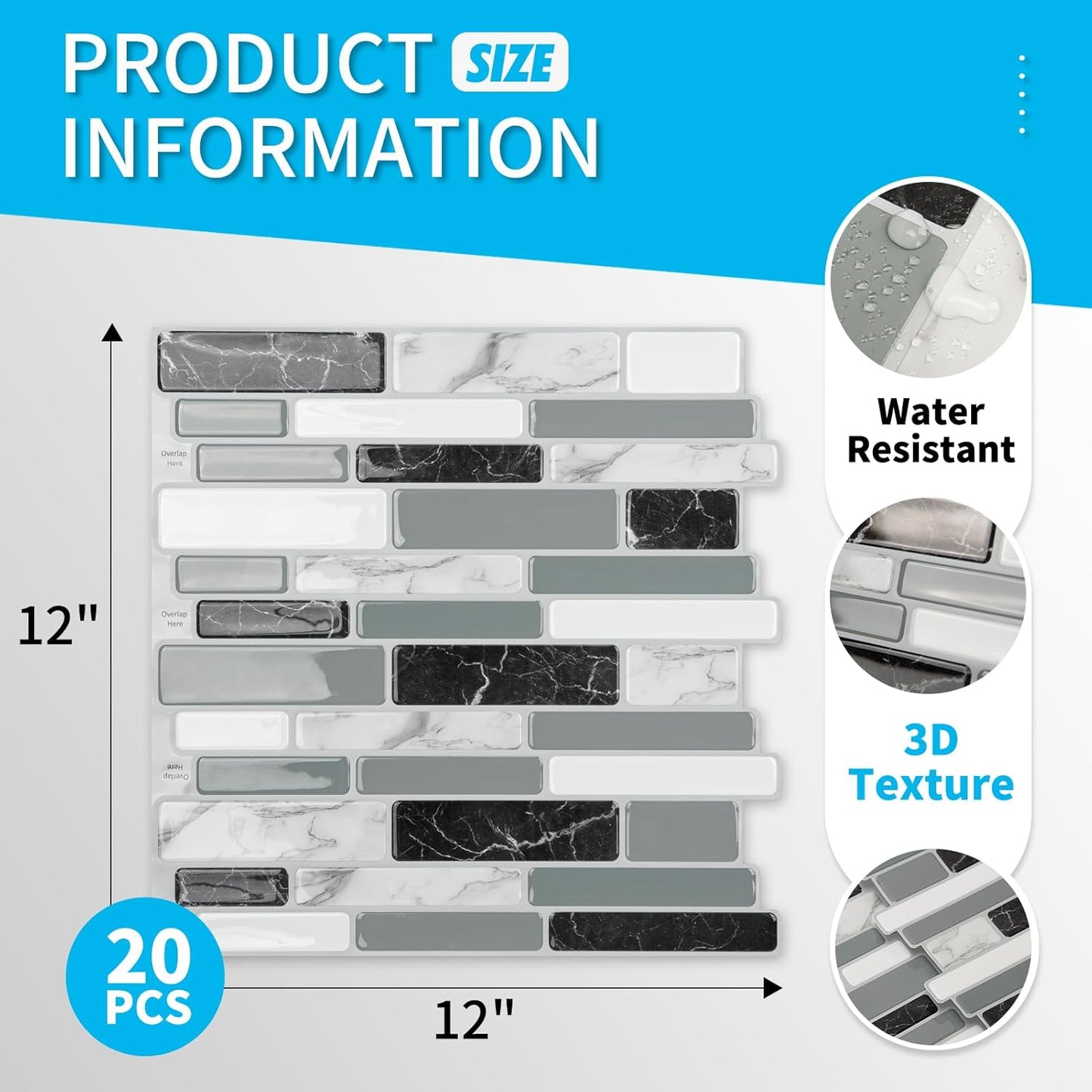 Art3d 10-Sheet Peel and Stick Kitchen Backsplash Tiles, 12"x12" Self-Adhesive Marble Grey Wall Tiles for Kitchen and Bathroom