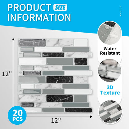 Art3d 10-Sheet Peel and Stick Kitchen Backsplash Tiles, 12"x12" Self-Adhesive Marble Grey Wall Tiles for Kitchen and Bathroom