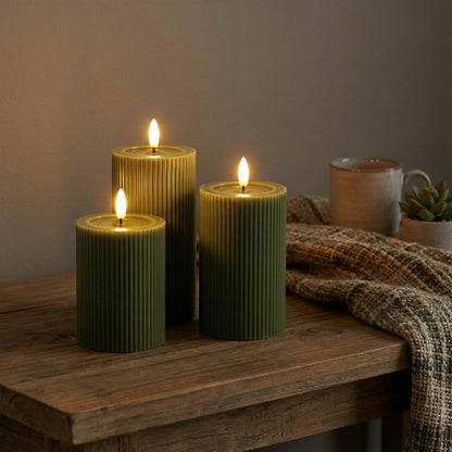 Fluted Ribbed LED Pillar Candles, Cream Beige, with Realistic Reflective Melted-Wax Effect – Flickering Flame, Remote, Dimmable, Flameless, Battery Operated, Home & Wedding Decor (Set of 3)