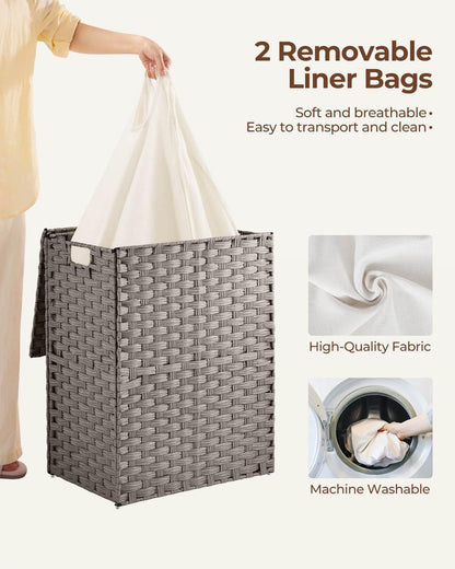 Greenstell Laundry Hamper with 2 Removable Liner Bags, Foldable Divided Clothes Hamper, 90L Handwoven Rattan Laundry Basket with Lid and Handles, No Assembly Needed, 18.3x13.3x24 Inches, Black