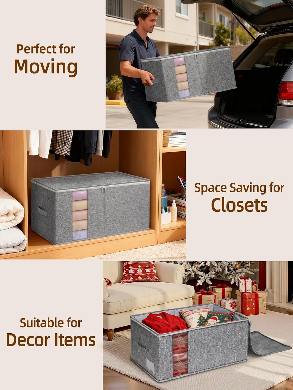 60L Blanket/Comforter Storage Bag w/Rigid Side & Bottom Support, Stackable Clothes Storage Bin for Sweaters Bedding Sets Quilts Pillows, Closet Organizer, 21.7x14.2x11.8in, 2 Pack, Gray