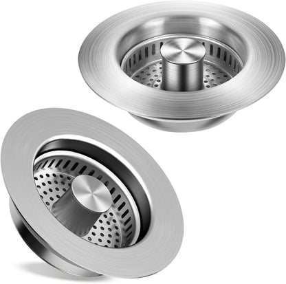 Sink Drain Strainer 3 in 1, 304 Stainless Steel Pop Up Kitchen Sink Stopper with Anti-Clogging Basket, Kitchen Essential Drain Anti-Clog Gadgets, Fits US Standard 3-1/2'' Sink Drain (SUS 304 Brushed)