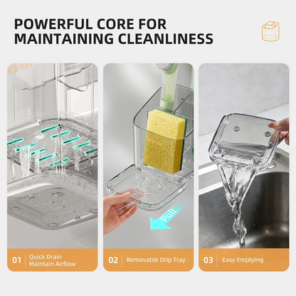 Minimalist Sponge Holder for Kitchen Sink, 3 Slots Sink Caddy with Removable Divider and Drip Tray, Clear PET Countertop Organizer to Free up Kitchen Sink Space