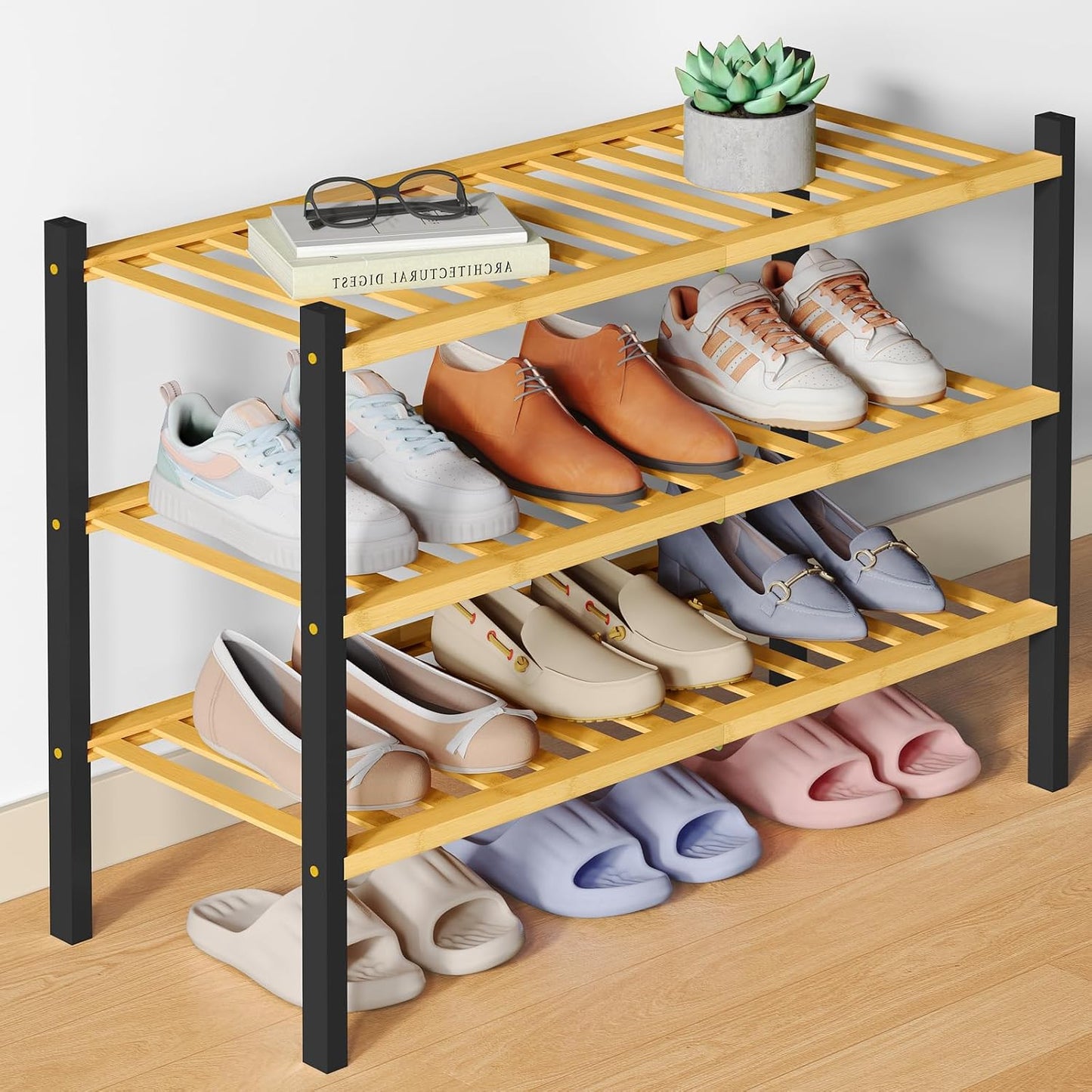 Smiry Bamboo Shoe Rack for Closet, 3 Tier Wooden Shoe Organizer, Stackable Wood Shoe Storage Shelf for Entryway, 14 Vertical Slats, One-piece Heavy-Duty Legs, 26.77"x11.02"x18.31", Natural