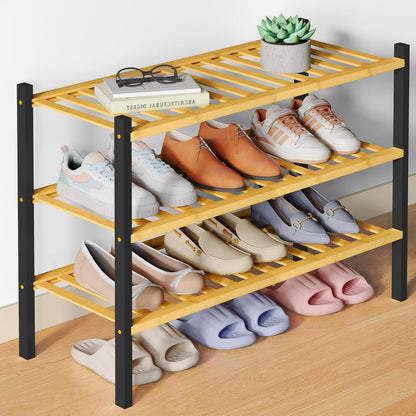 Smiry Bamboo Shoe Rack for Closet, 3 Tier Wooden Shoe Organizer, Stackable Wood Shoe Storage Shelf for Entryway, 14 Vertical Slats, One-piece Heavy-Duty Legs, 26.77"x11.02"x18.31", Natural