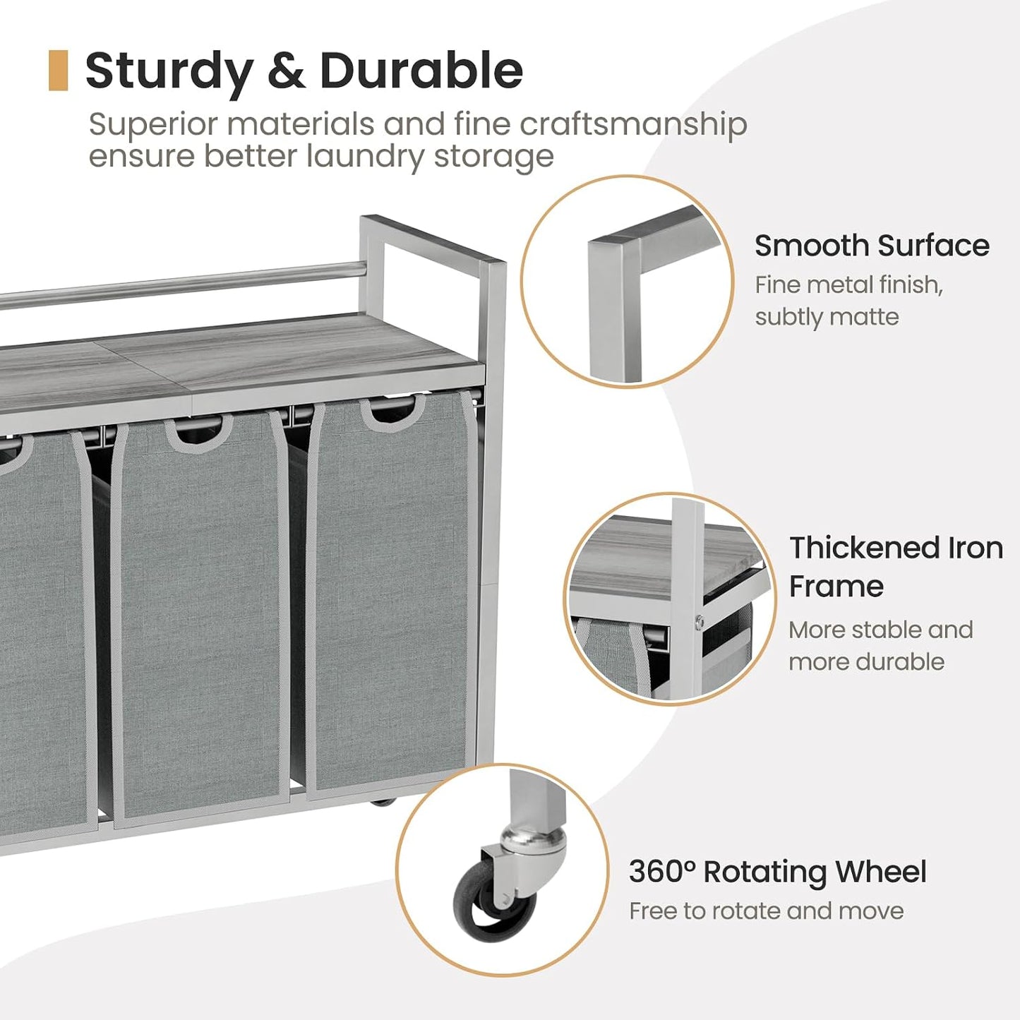 SwaaVee Laundry Sorter, Laundry Hamper 3 Section, 3×11.4Gal, Metal Frame Rolling Laundry Basket with Wooden Top Shelf, Pull out and Removable Laundry Bags, 3 Bags-Gray