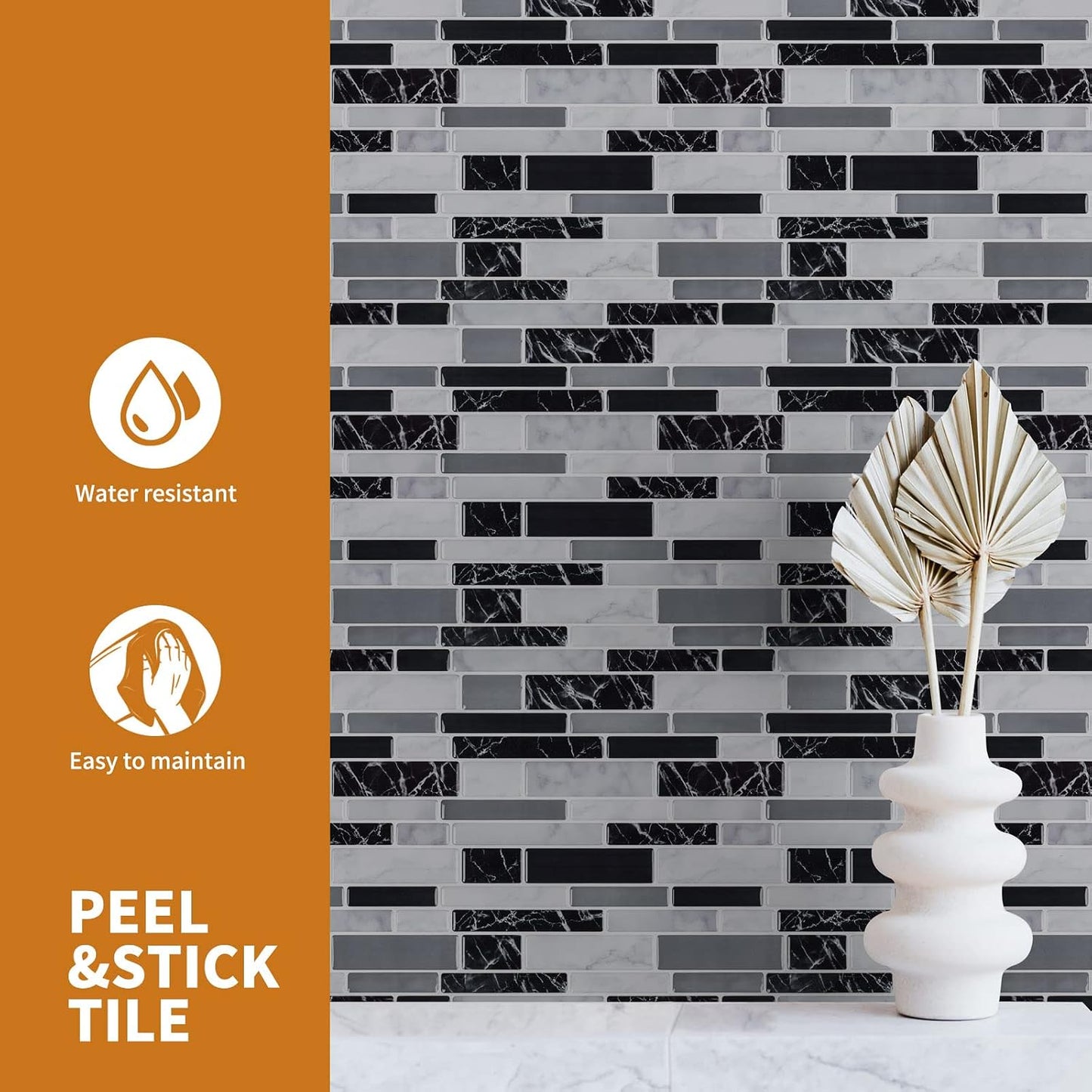 WOWSTAR 10-Sheet Peel and Stick Backsplash Tile for Kitchen Wall, Back Splash Stick On Tiles for Kitchen (12"x 12", Gray)