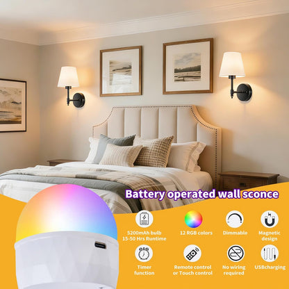 Battery Operated Wall Sconces Set of Two, Rechargeable Wireless Wall Lights with RGB Dimmable Magnetic Bulb and Remote,15 Colors Options Wireless Wall Lamps for Bedroom Living Room Hallway -black