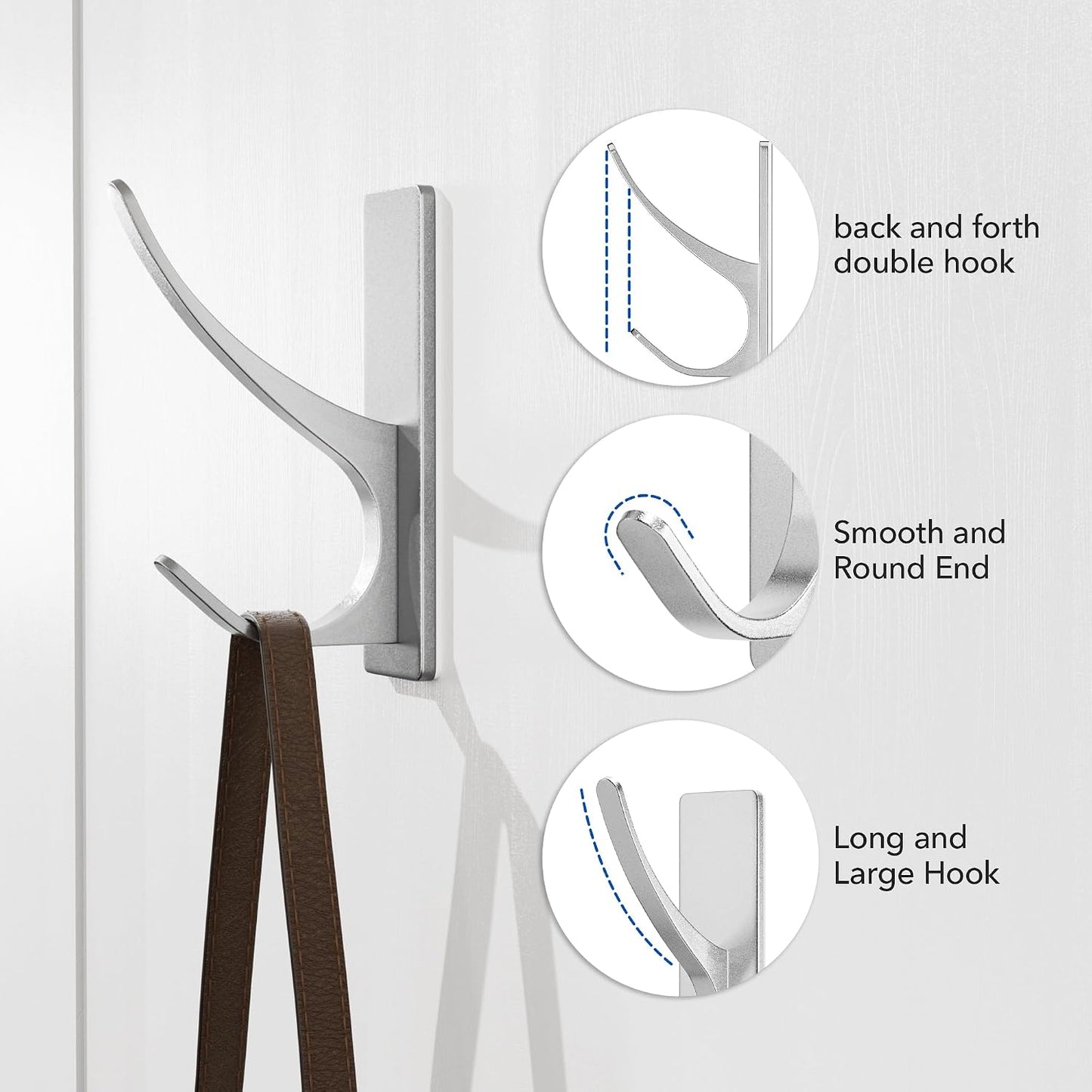 pickpiff White Self Adhesive Coat Hooks for Hanging: 13LB Extra Strong Stainless Wall Hook for Towel, Utensil, Backpack, Hat, Sturdy Metal Hanger for Bathroom, Kitchen, Door, 4-Pack