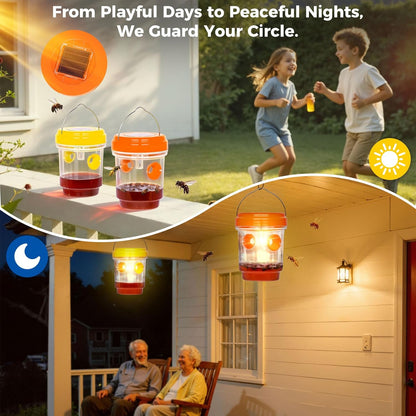 Solar Wasp Bee Trap, Outdoor Hanging LED Light Reusable Catcher for Outside | Brush Included, DIY Bait, Fits Hornet, Yellow Jacket, Wasp & Carpenter Bee, All-day Outdoor Use for Garden, Orchard & Farm