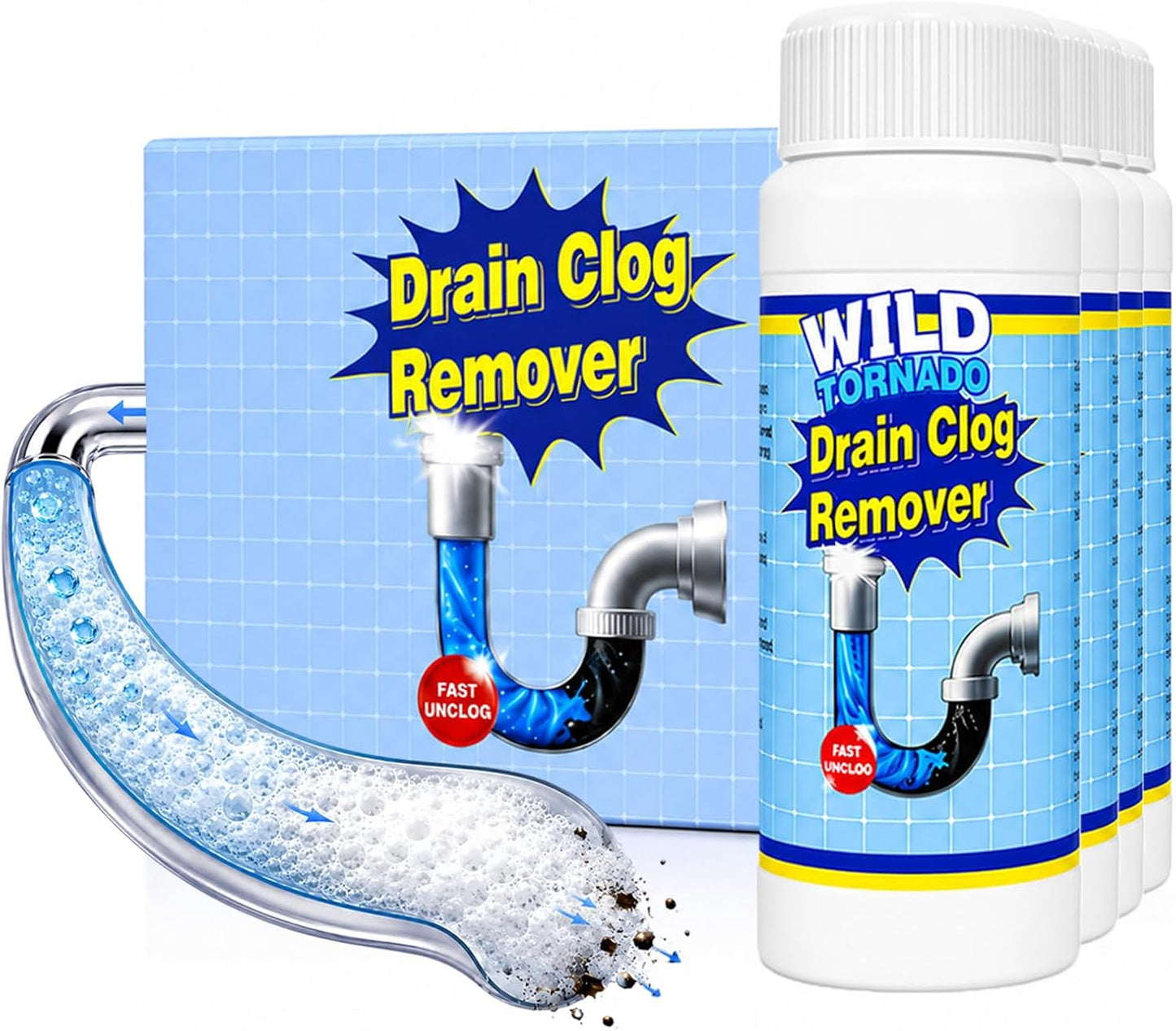Drain Clog Remover Powder 4 Pack, Sink & Drain Cleaner Fast-Acting Foaming for Hair, Grease, Kitchen Sink & Toilet Clogs, Powerful Pipe Cleaning Solution for Showers & Drains, 480g