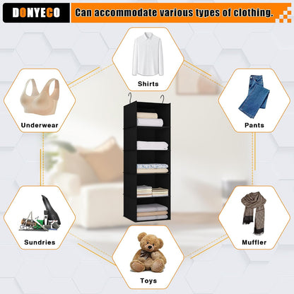 Hanging Closet Organizer 3-Shelf, Oxford Fabric Wardrobe Storage, Gray | Easy-mount foldable design holds clothes, handbags, shoes & accessories; washable Oxford fabric, sturdy and space-saving.