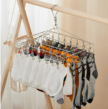 JPORSHU Sock Folding Stainless Steel Sock Drying Rack with 46 Clips,Metal Sock Hangers with Clips，360 DegreesSwivel Hook Wind-Proof Clothes Hanger Rack,for Sock, Bras, Underwear, Laundry Accessories