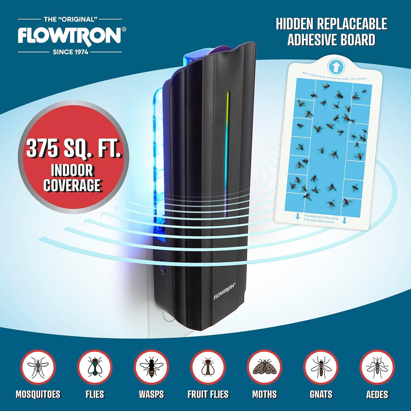 Flowtron Indoor Plug-in Fly Trap, 9W UV Light Electric Insect Trap with Adhesive Board – Silent Mosquito, Gnat & Fruit Fly Catcher, 375 Sq Ft Coverage (Black)
