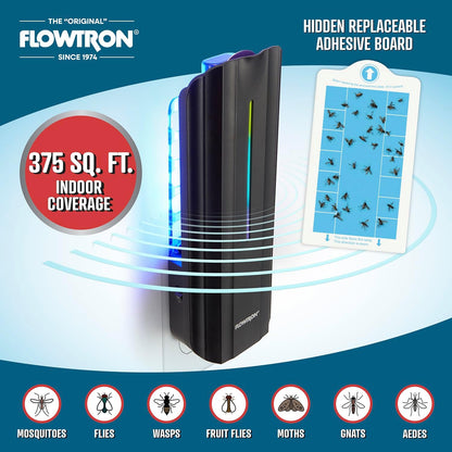 Flowtron Indoor Plug-in Fly Trap, 9W UV Light Electric Insect Trap with Adhesive Board – Silent Mosquito, Gnat & Fruit Fly Catcher, 375 Sq Ft Coverage (Black)