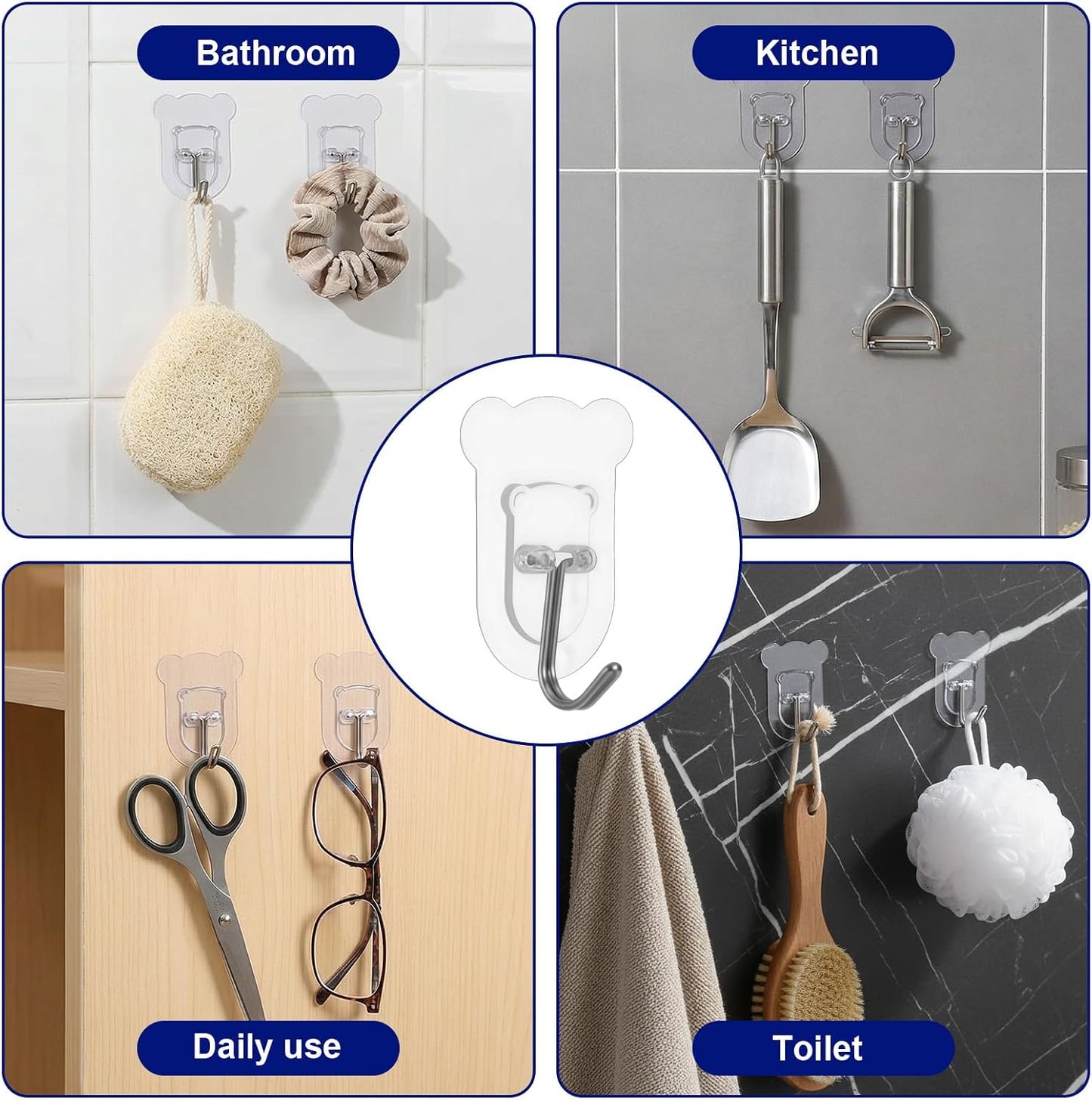 20Pcs Heavy Duty Adhesive Hooks, 5 kg/11 lbs Max Load, Sticky Wall Hooks for Hanging Towels, Coats, Keys, Transparent Waterproof No-Damage Wall Hook for Bathroom, Kitchen, Office & Home Decor