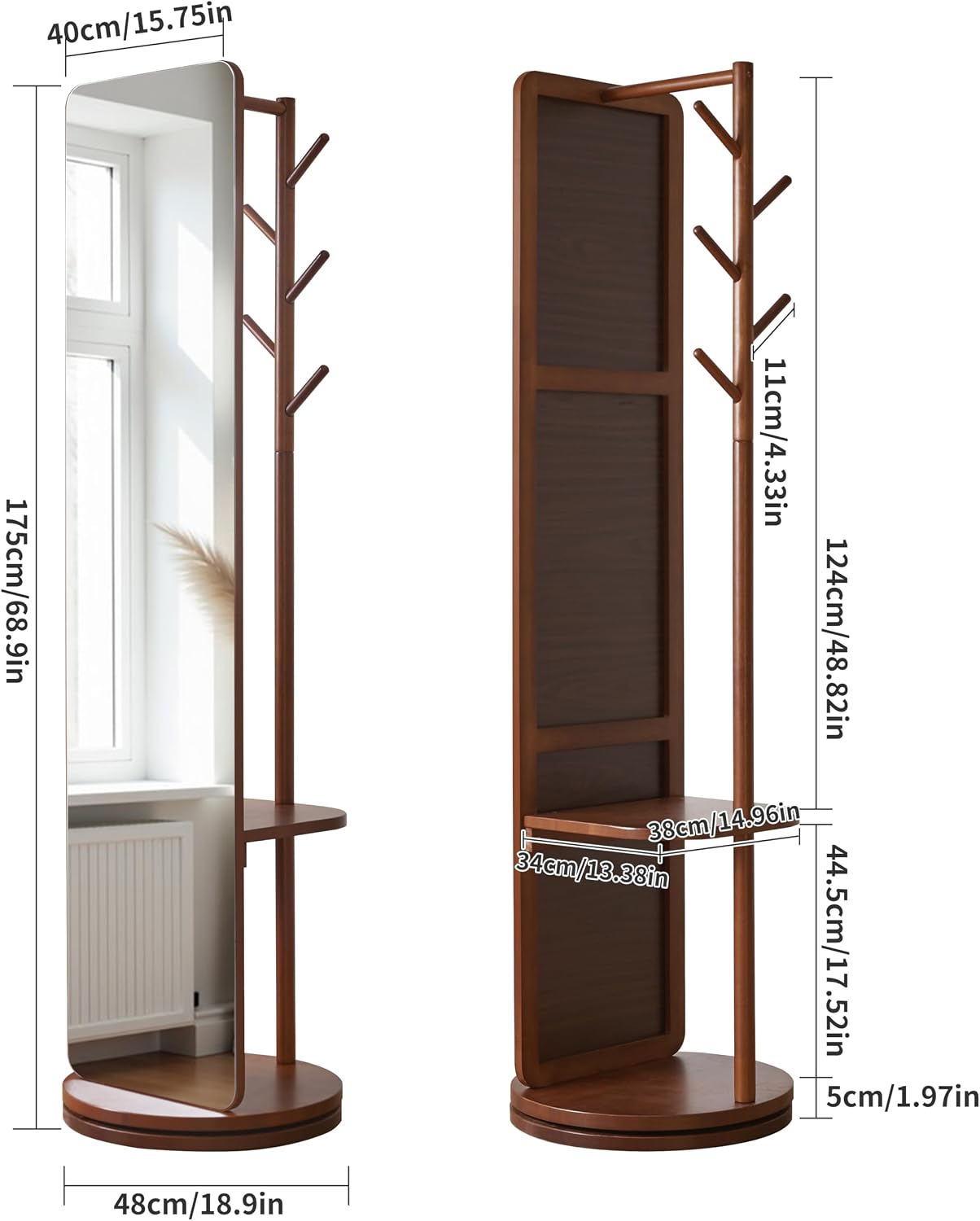 360° Swivel Full Length Mirror for Bedroom, 70" Floor Standing Mirror with Coat Rack & Hooks & Shelf, Solid Wood Frame, Space-Saving for Living Room, Closet, Entryway, Walnut