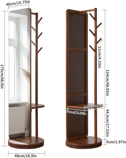 360° Swivel Full Length Mirror for Bedroom, 70" Floor Standing Mirror with Coat Rack & Hooks & Shelf, Solid Wood Frame, Space-Saving for Living Room, Closet, Entryway, Walnut