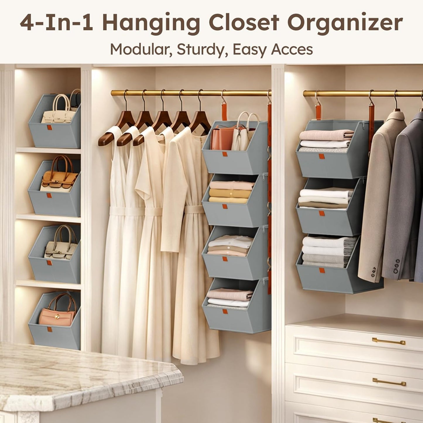 Homsorout Hanging Closet Organizer 4 Tier - Clothes Hanging Shelves, Space-Saving Closet System, Fabric Storage Bins Bedroom Organization, Collapsible Baskets for Home, Dorm, Rv, Beige