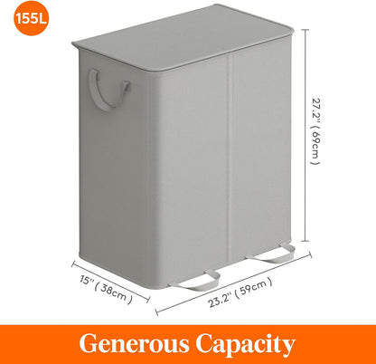 Lifewit Double Laundry Hamper with Lid and Removable Laundry Bags, Large Collapsible 2 Dividers Dirty Clothes Basket with Handles for Bedroom Laundry Room Closet Bathroom College, 136L Beige