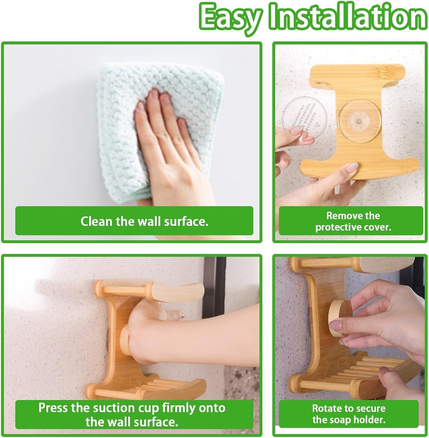 Suction Cup Soap Dish for Shower，Bamboo Soap Dish Holder for Shower, Suction Cup NO-Drilling, Self Draining for Bathroom，Natural Bamboo Color (Double soap Holder, Rectangular)