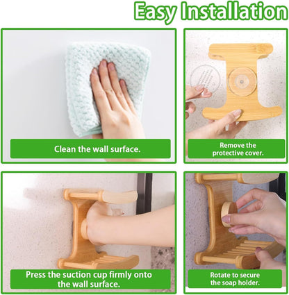 Suction Cup Soap Dish for Shower，Bamboo Soap Dish Holder for Shower, Suction Cup NO-Drilling, Self Draining for Bathroom，Natural Bamboo Color (Double soap Holder, Rectangular)