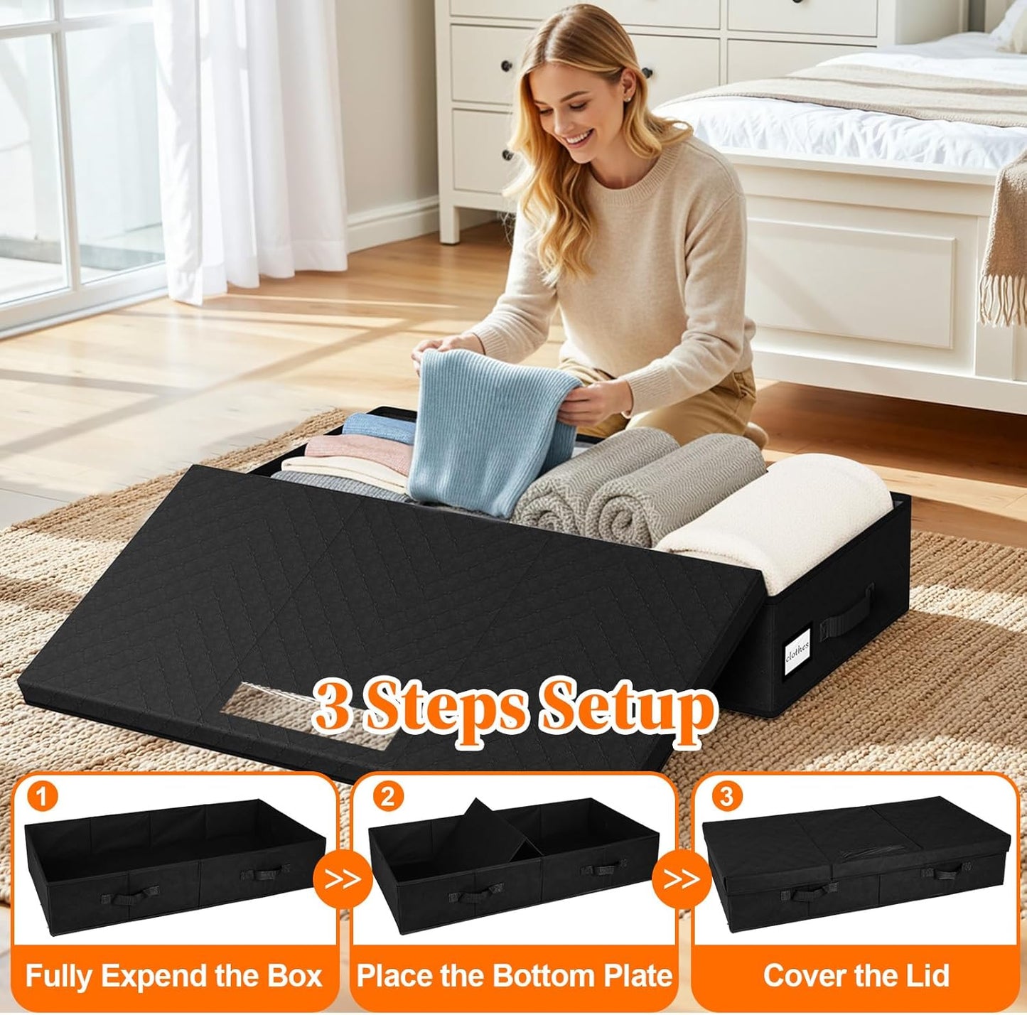 StoreHappily Under Bed Storage Containers with Lids - 2 Pack, Foldable and Stackable Clothes Storage Bags with Clear Window, 3-Sided Handles and Label Slot for Clothing, Blankets, Pillows (Grey)
