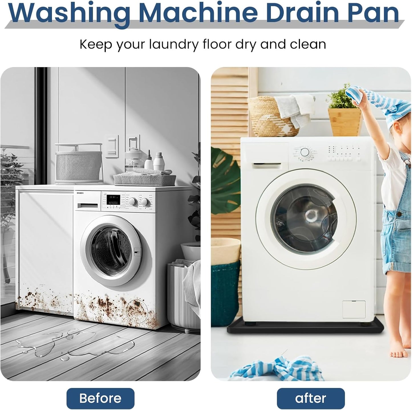 28x28 Large Thickened Silicone Washing Machine Drain Pan | 1" Raised Edge Washing Machine Tray, Non-Slip Washing Machine Pan for Under Washer and Dryer (Black)