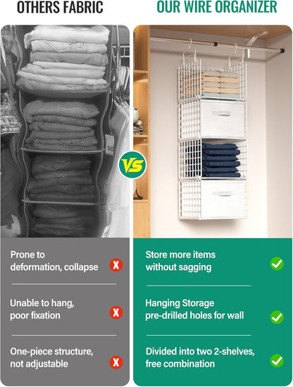 Hanging Closet Organizer, 4 Tier Metal Closet Organizers and Storage with 4 Hanging Hooks 4 S-Hooks for Wardrobe Laundry Room, Wire Storage Shelf for Clothes Sweaters Pants (White)