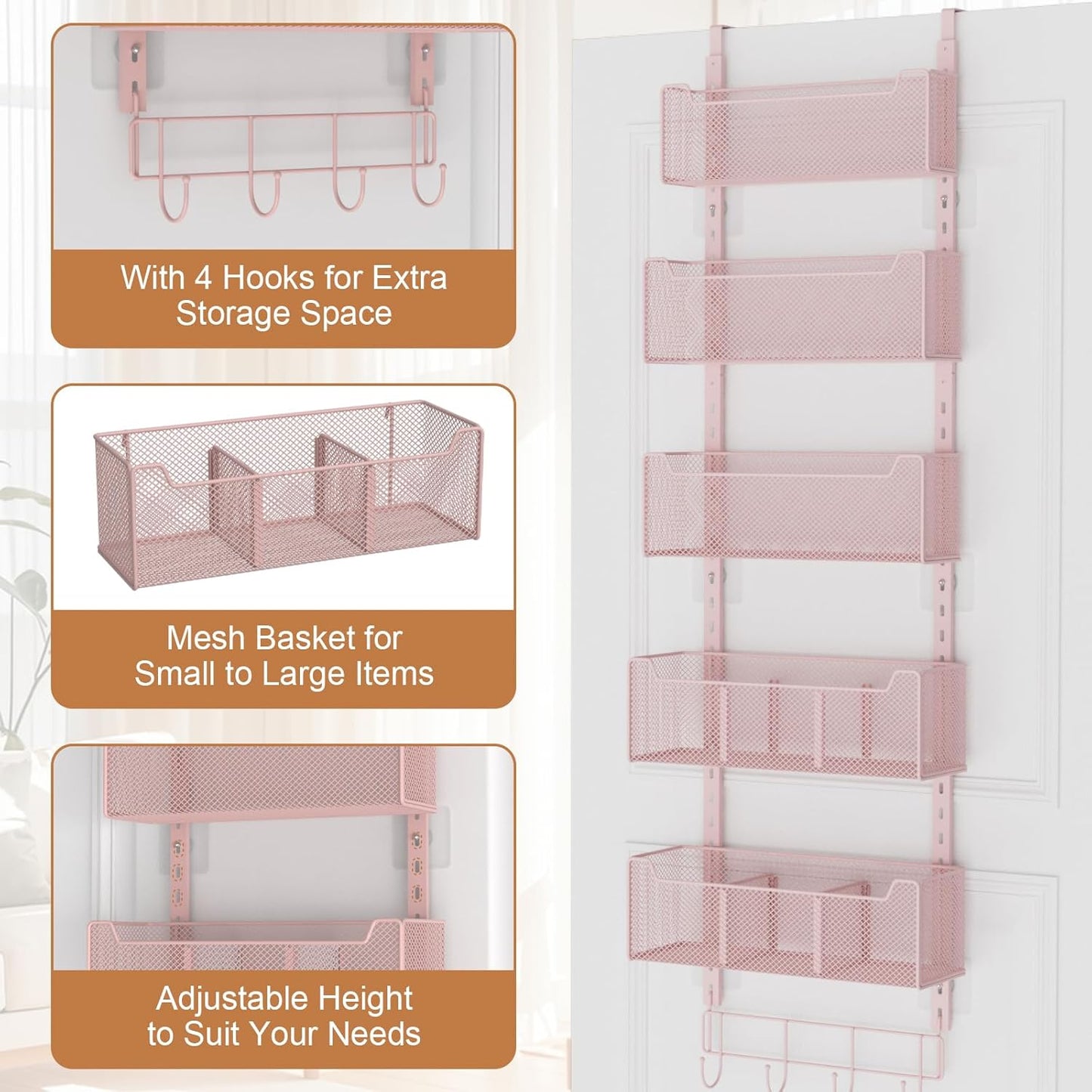 VyGrow Over The Door Organizer, Metal Door Organizer Hanging with 5 Adjustable Baskets and Coat Hook, Behind The Door Storage for Bedroom Closet Bathroom Pantry Cabinet Kitchen, Black