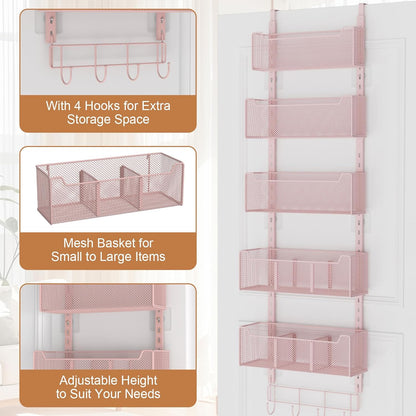 VyGrow Over The Door Organizer, Metal Door Organizer Hanging with 5 Adjustable Baskets and Coat Hook, Behind The Door Storage for Bedroom Closet Bathroom Pantry Cabinet Kitchen, Black