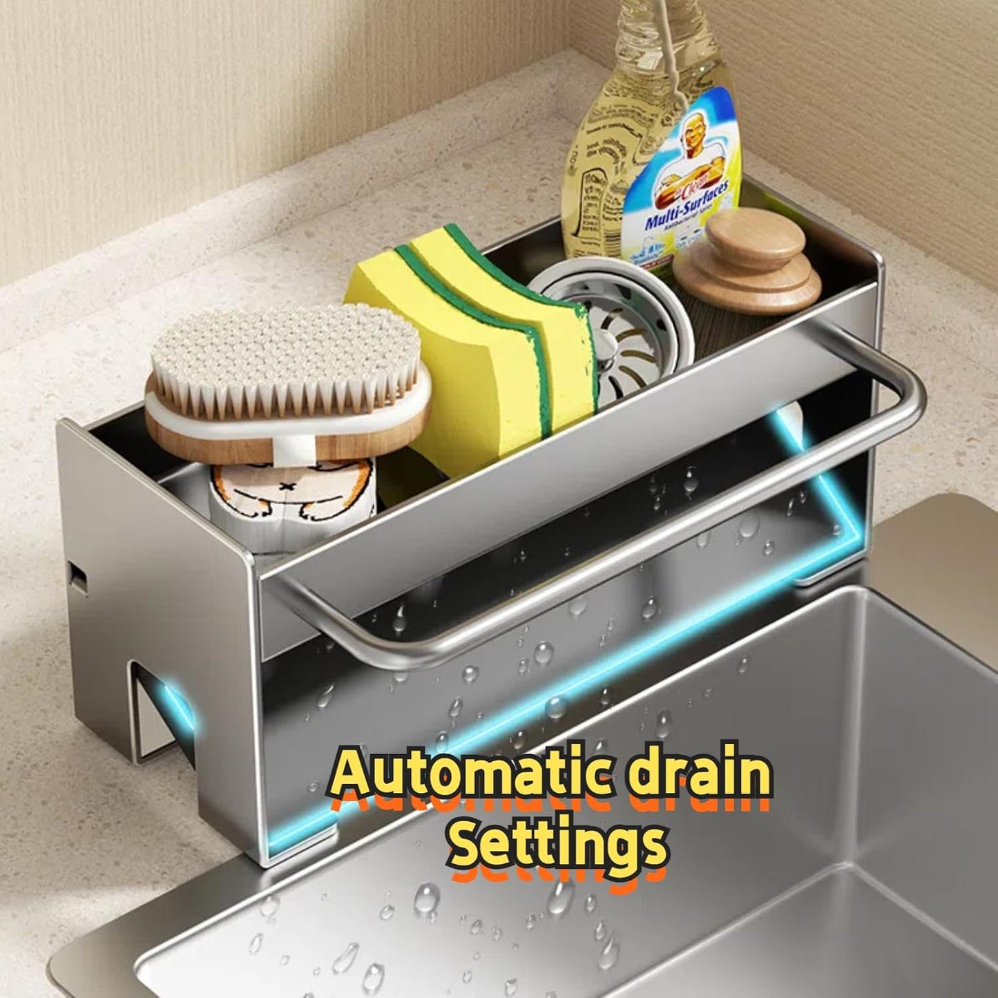 Kitchen Sink Caddy Organizer,Sponge Holder for Kitchen Sink with Drain Board,Stainless Steel