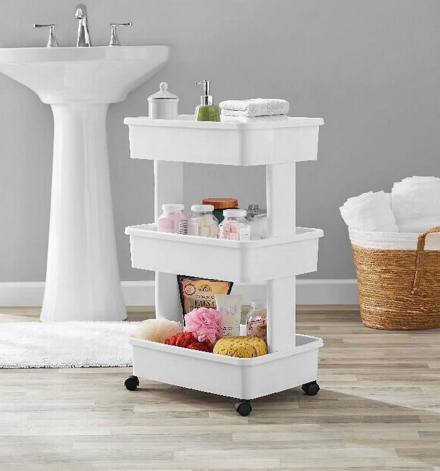 3-Tier Plastic Rolling Laundry Cart, Arctic White, Slim Slide Out Utility Storage Trolley with Lockable Wheels, Space Saving Organizer for Laundry Room, Bathroom, Narrow Gap, Bedroom