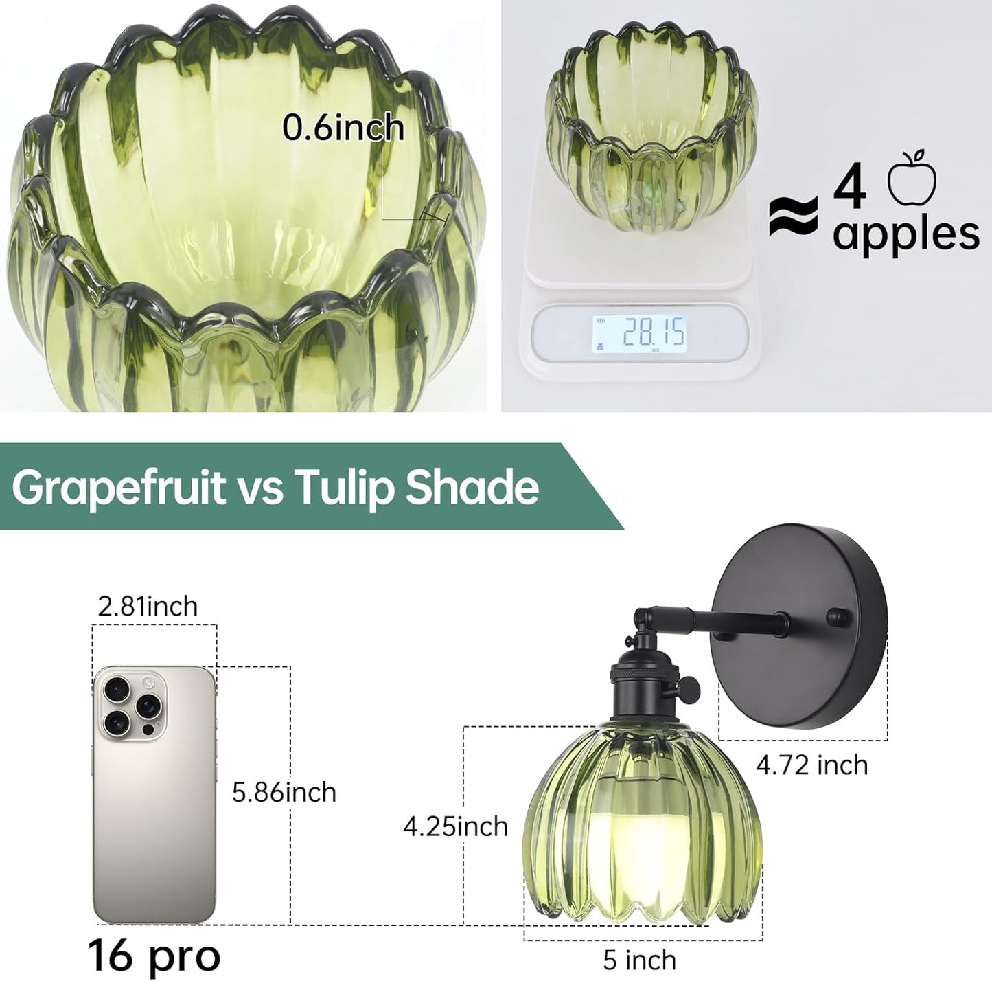 Shenmoyl Vintage Battery Operated Wall Sconce with Transparent Tulip Glass Lampshade Rechargeable Battery Powered Wall Light with Remote Control for Bedside Bedroom Doorway, Set of 2