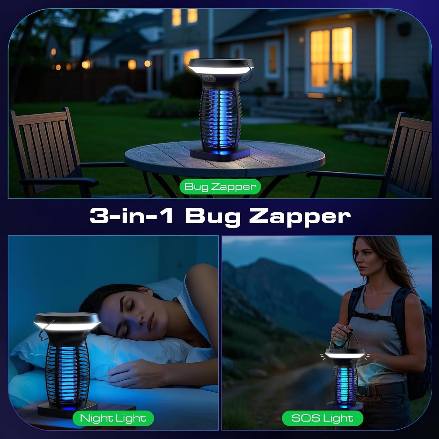 OnBeam Solar Bug Zapper Outdoor, 4200V Electric Mosquito Killer for Patio | Solar & USB-C Charging, IPX5 Waterproof, Auto Mode, SOS Light, Indoor Fly Trap for Home, Backyard, Garden, Camping