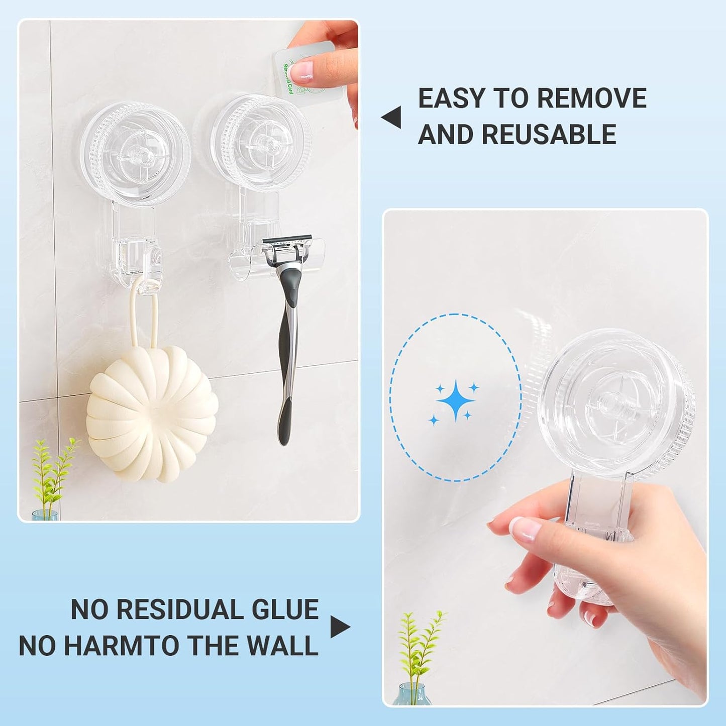 LUXEAR Suction Hooks, 2 Pack Razor Hooks Removable & Reusable Suction Shower Hook Damage-Free Powerful Suction Hanger for Towel Bathrobe Loofah Bathroom Kitchen Storage Hooks Weather Hanger Hook