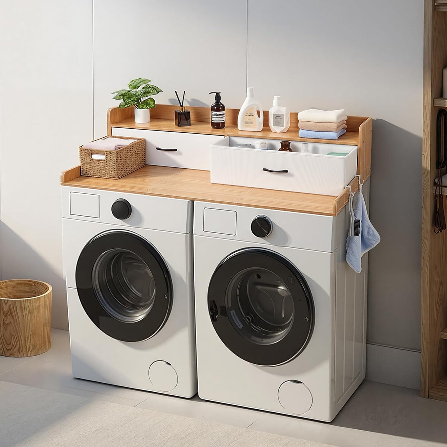 VEVOR Washer Dryer Countertop with 2-Tier Shelf, 54" x 27" Wooden Washer and Dryer Countertop with Anti-Slip Pads, Water-Resistant Laundry Topper Cover for Laundry Room Organization and Storage, Black