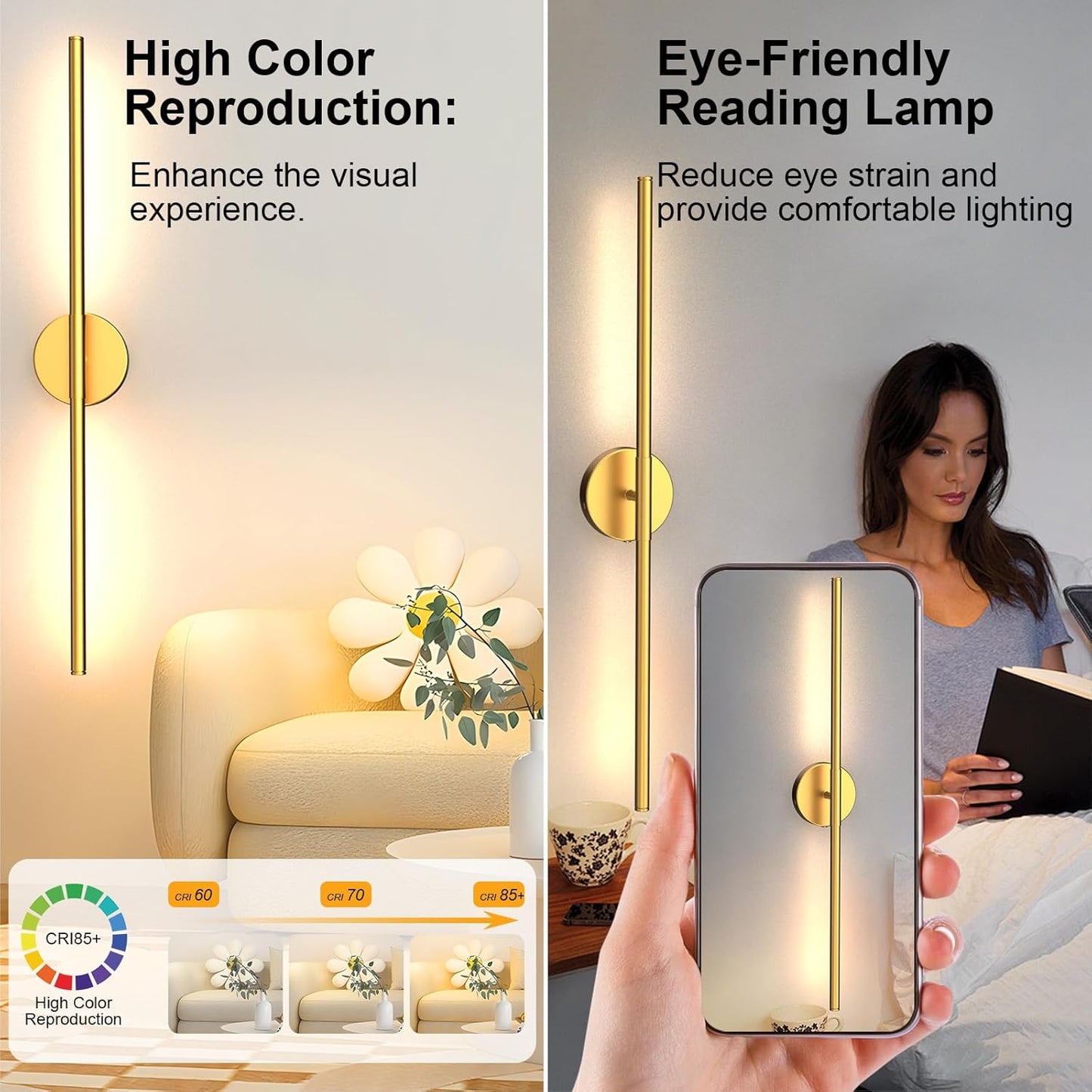 Tartek Battery Operated Wall Sconces Set of Two, Rechargeable Wall Lights with Remote Control, Dimmable 3000K-6000K LED Wall Lamp, 360°Rotate, Long Wireless Sconces for Living Room, Bedroom