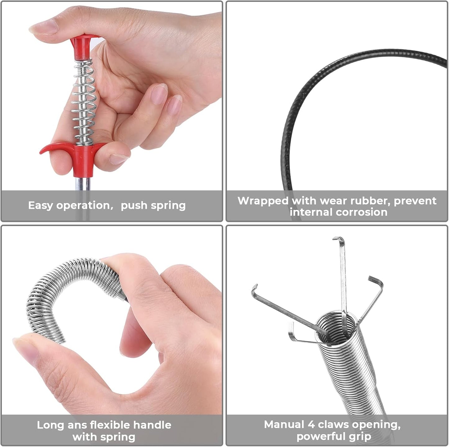 Drain Snake Auger with 4-Claw Grabber, Manual Sink Unclogger Tool, Flexible Cable for Kitchen, Bathroom Floor Drains & Pipes, Food & Hair Clog Remover (40 Inches)