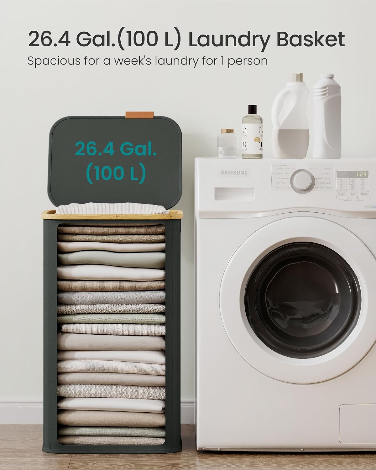 SONGMICS Laundry Hamper, Laundry Basket with Lid, Foldable Storage Basket, Bamboo Frame, for Bedroom, Living Room, Oxford Fabric, 37 Gal. (140 L), Cream White ULCB519WD01